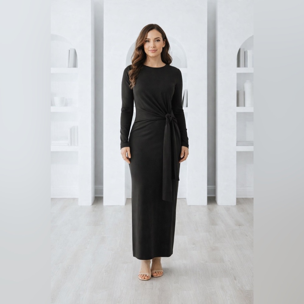 The Drop Ribbed Faux Wrap Maxi Dress Side Tie Long Sleeve Minimalist NWT M